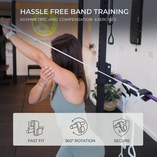 woman demonstrating rebalance light, icons of USPs: fast fit, 360 degree rotation, secure fit
